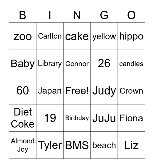 Judy's Birthday Bingo Card