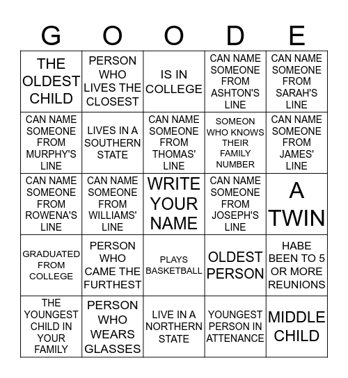 "GOODE - O" Bingo Card
