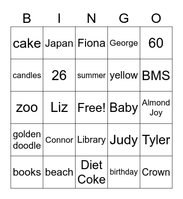 Judy's Birthday Bingo Card
