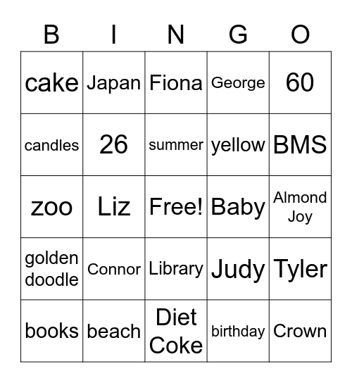 Judy's Birthday Bingo Card
