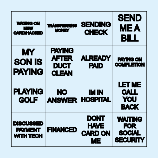 PAYMENT EXCUSES Bingo Card