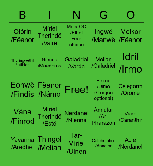 Elf/Ainu Pairings Bingo Card