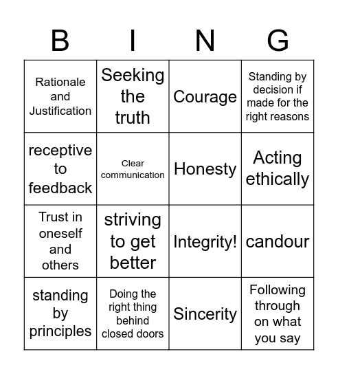 Integrity Bing Bingo Card