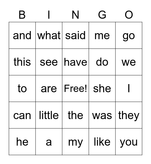 Sight Word Bingo Card