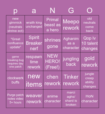 patch notes bingo Card