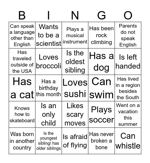 Did You Know Bingo Card