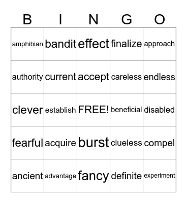 First Semester Vocabulary Bingo Card