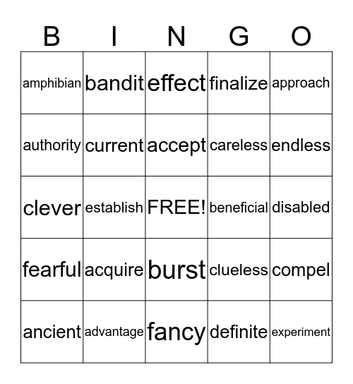 First Semester Vocabulary Bingo Card