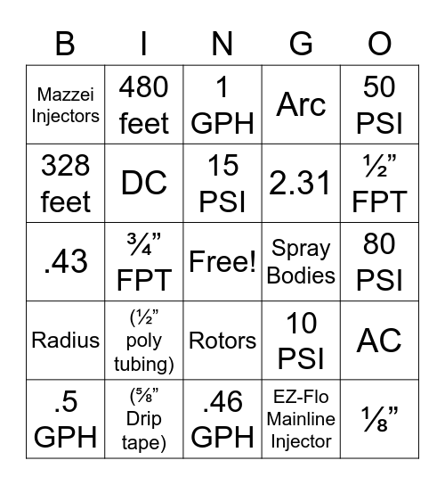 Drip Irrigation Bingo Card