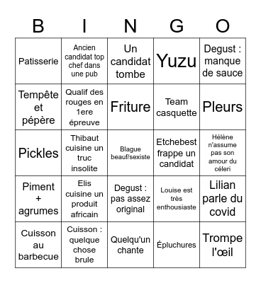 Top chef 2022 Bingo Card
