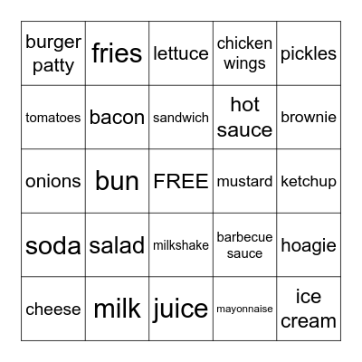 Menu Bingo Card