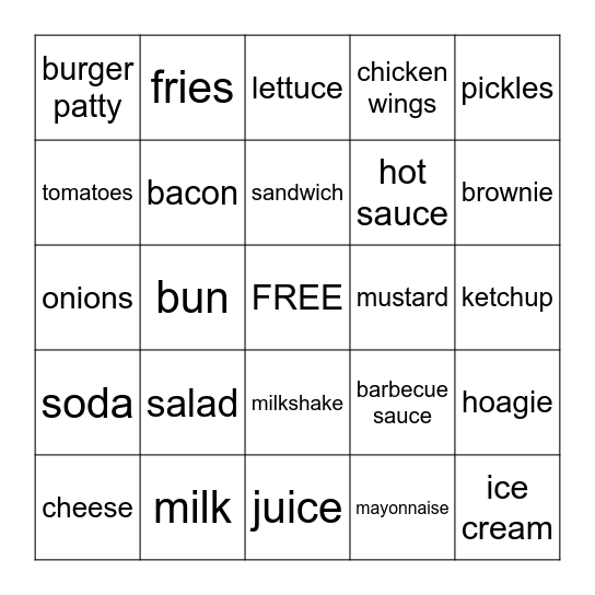 Menu Bingo Card