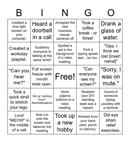 Work From Home Bingo Card