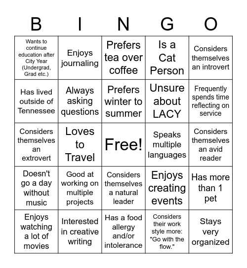 Getting to Know You Bingo Card