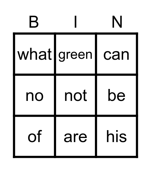 Sight Words Bingo Card