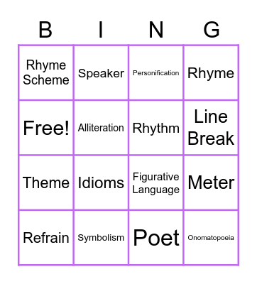 Poetry Elements Bingo Card