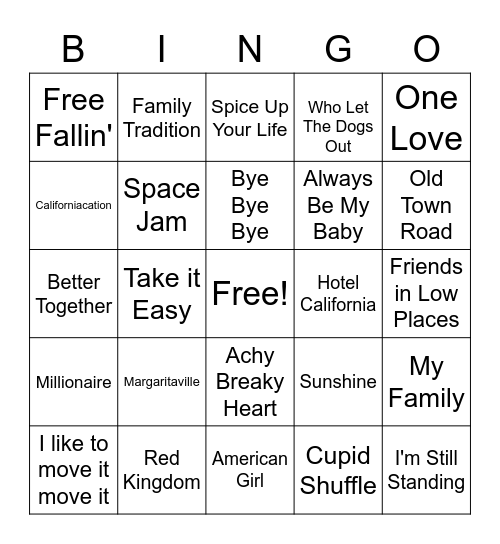 Music Bingo Game ONE Bingo Card