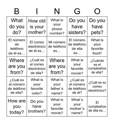 Personal Info Bingo Card