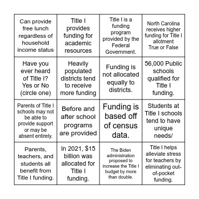 Title I Bingo! Bingo Card