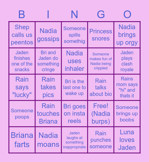 Sleepover bingo Card