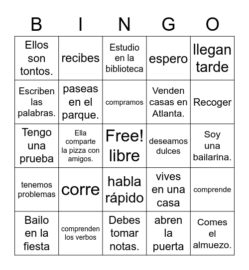 Spanish Verbs-Todos los verbos Bingo Card