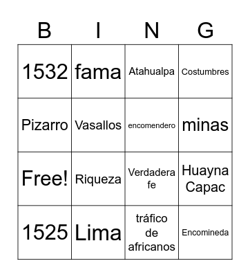 La conquista países andinos Bingo Card