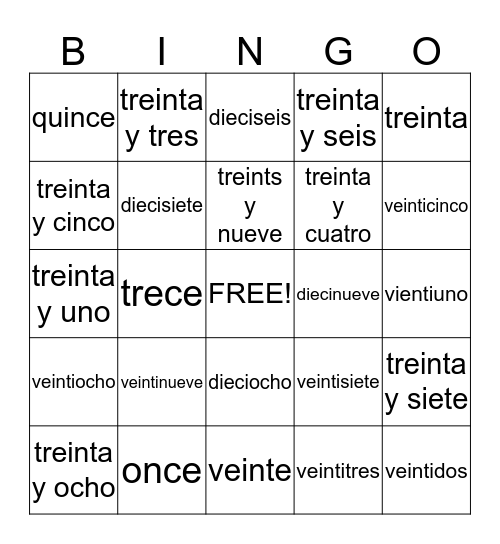 Spanish Numbers Bingo Card