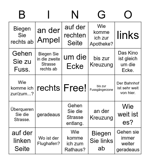 Nach dem Weg fragen Bingo Card