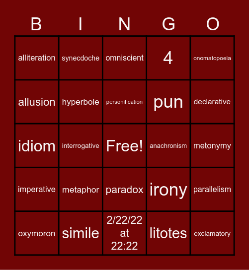 Elements of Figurative Language Bingo Card