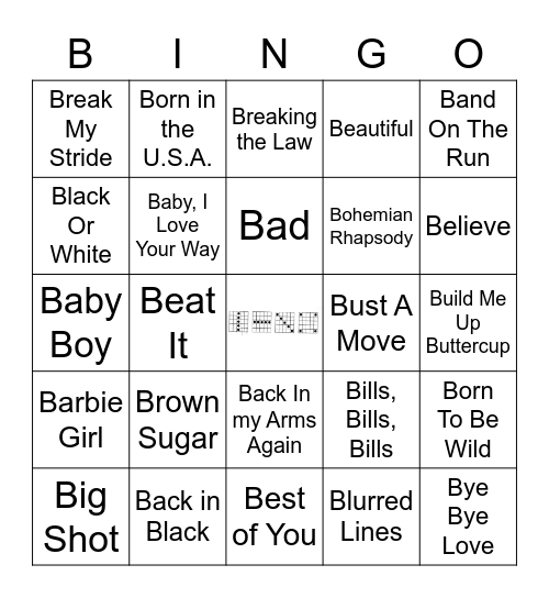 Songs that start with "B" Bingo Card