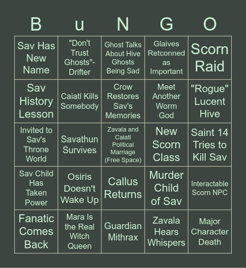 Witch Queen Bungo Bingo Card