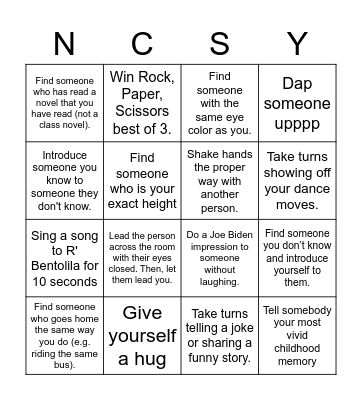 NCSY Bowling & Bonding Bingo Card
