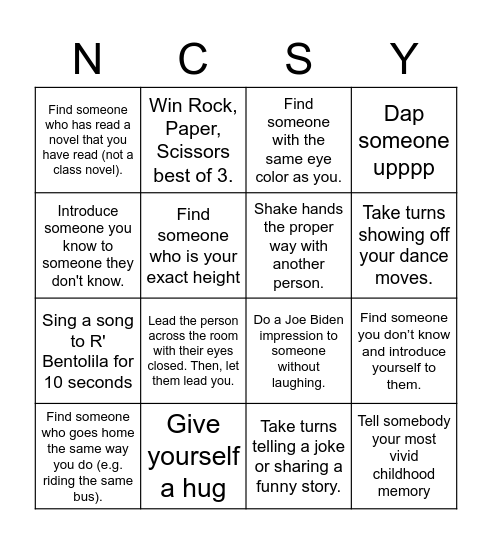 NCSY Bowling & Bonding Bingo Card