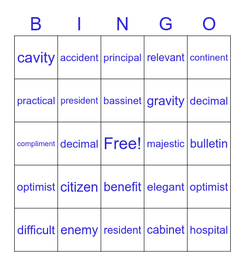 Lesson 4-11 Bingo Card