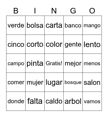 Silabas con Tres Letras Bingo Card