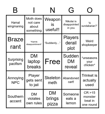 D&D Road trip Bingo Card