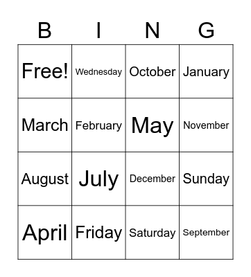 Days of the Week & Months of the Year Bingo Card