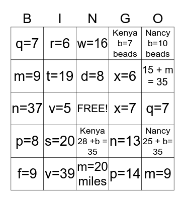 Addition Equations Bingo Card