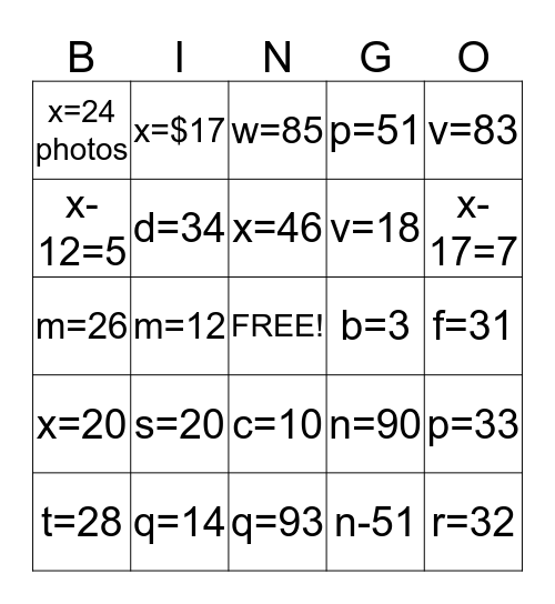 Subtraction Equations Bingo Card