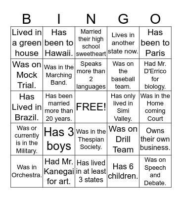 Reunion Bingo Card