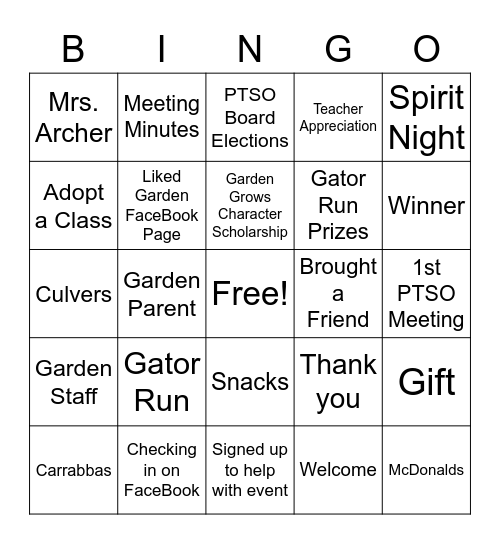 Garden PTSO Bingo Card