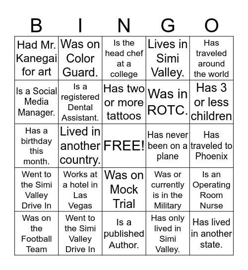 Reunion Bingo Card