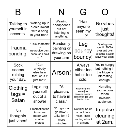 Neurodivergence Bingo Card