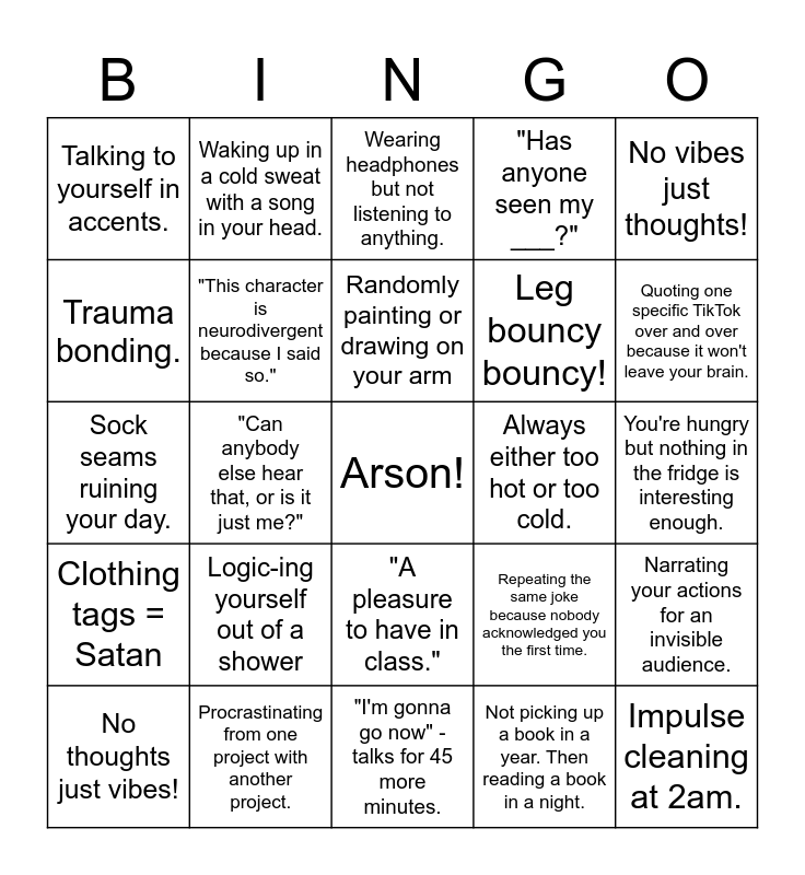 Neurodivergence Bingo Card