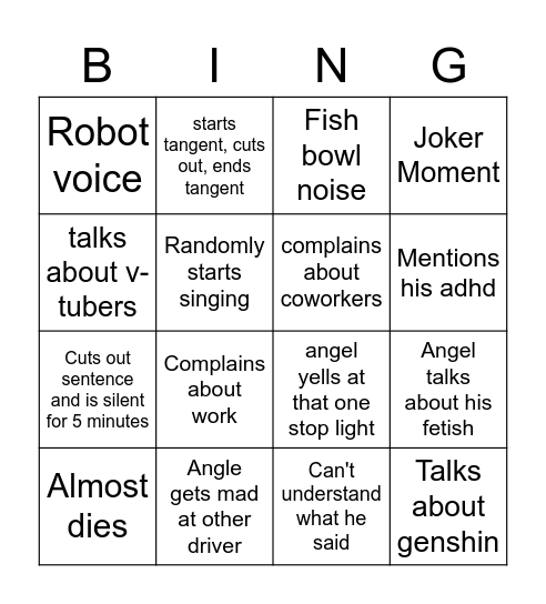 Angel Drive Time Bingo Card