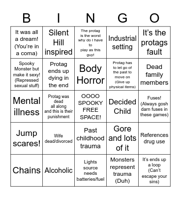 Psychological Horror Game Bingo Card