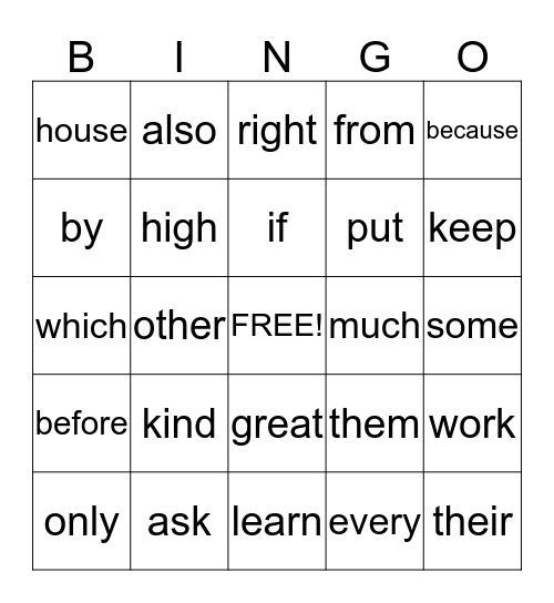First Grade Sight Words Bingo Card