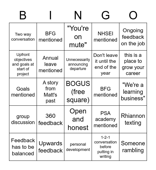 Feedback bingo Card