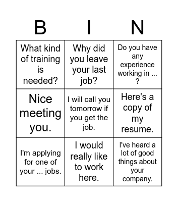 Job Interview Bingo Card