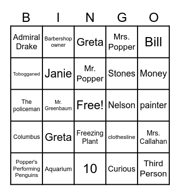 Mr. Popper's Penguins Bingo Card